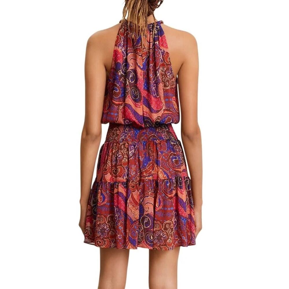 ALC Cory Dress 8 Terracotta Paisley Silk High Neck Smocked Waist Tiered Mini - Picture 6 of 15